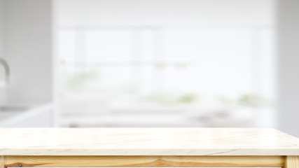 White marble counter top table with modern kitchen room background