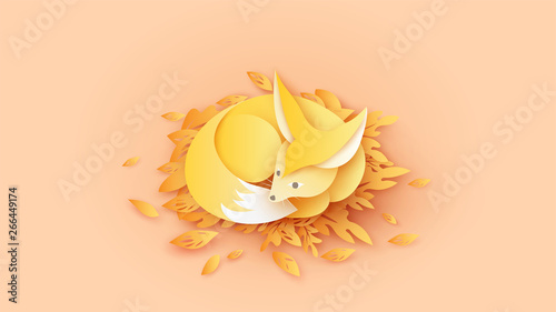 Illustration of happy fox to relax on leaves in autumn season. Cute fox in the fall. Fox in paper art. paper cut and craft style. vector, illustration.