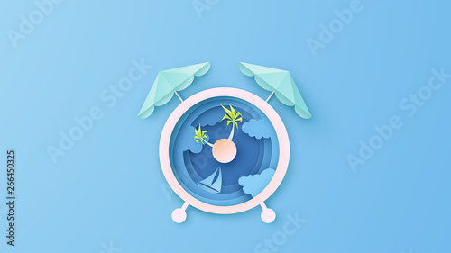 Creative design for Alarm clock with sea view in the Mid morning. Alarm clock design  for Sea in Summer. paper cut and craft style. vector, illustration.