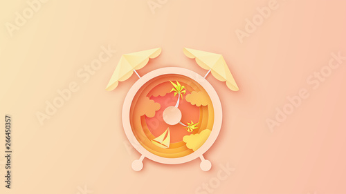 Creative design for Alarm clock with sea view in the evening sunset. Alarm clock design for Sea in Summer. paper cut and craft style. vector, illustration.