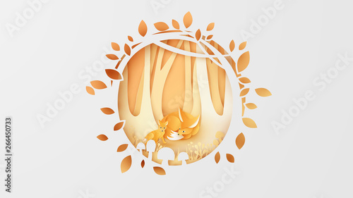 Illustration of mommy and baby fox live in the autumn forest. Cute fox family in autumn. paper cut and craft style. vector, illustration.