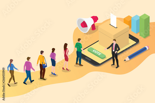 isometric 3d online vote concept with people queued up in line with smartphone voting and box votes - vector