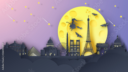 Illustration of Paris city on Halloween night. Paris's famous architecture on Halloween night. paper cut and craft style. vector, illustration.