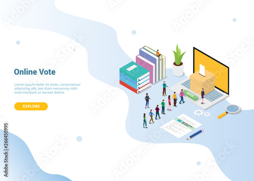 isometric 3d online vote concept with people queued up for website template or landing homepage - vector