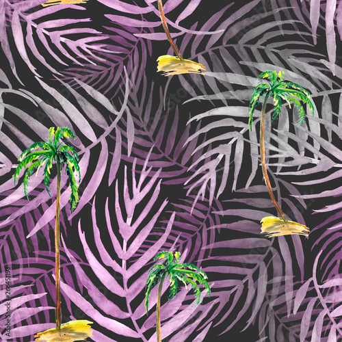 Seamless watercolor background from pink, purple tropical leaves, palm leaf, floral pattern. Bright Rapport for Paper, Textile, Wallpapern. Tropical leaves watercolor. Exotic tropical palm tree photo