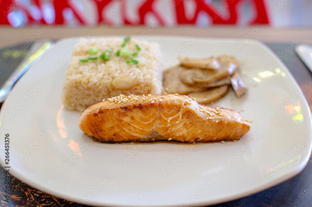 grilled salmaon steak with garlic rice