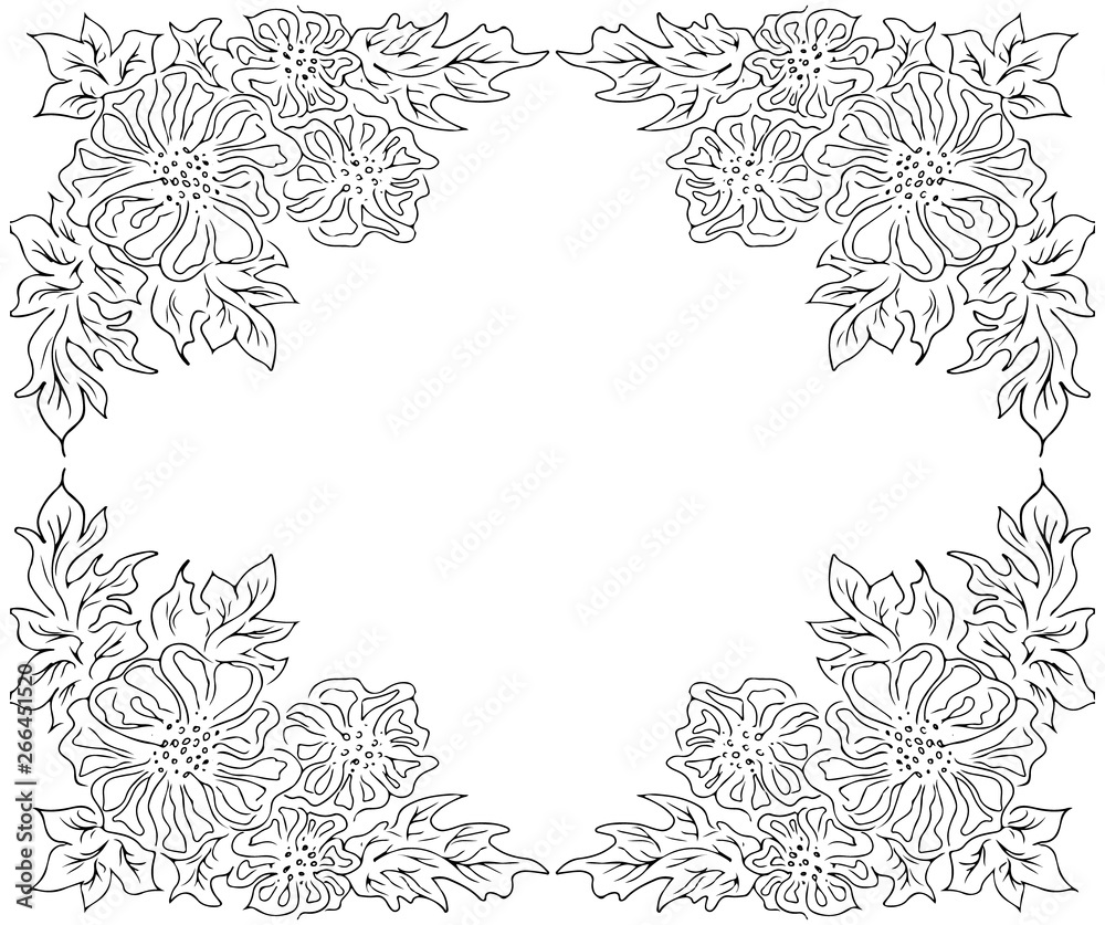 Wreath of black roses or peonies flowers and branches isolated of white. Foral frame design elements for invitations, greeting cards, posters, blogs. Hand drawn illustration. Line art. Sketch Wreath of black roses or peonies flowers and branches isolated of white. Foral frame design elements for invitations, greeting cards, posters, blogs. Hand drawn illustration. Line art. Sketch