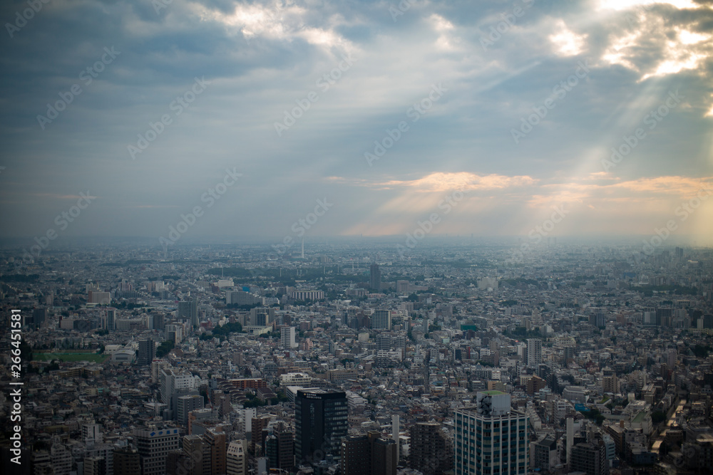雲間から光が差し込む東京の市街地