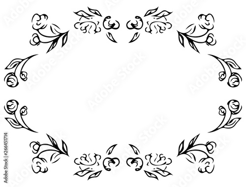 Wreath of black roses or peonies flowers and branches isolated of white. Foral frame design elements for invitations, greeting cards, posters, blogs. Hand drawn illustration. Line art. Sketch