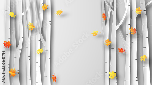 Illustration of Autumn with maple leaves are falling in forest. and place for your text space. Maple forest In the fall. paper cut and craft style. vector, illustration.