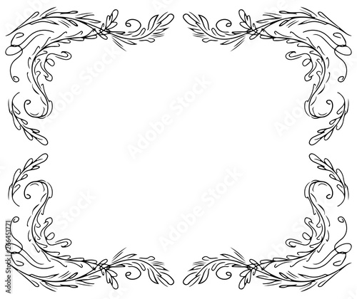 Wreath of black roses or peonies flowers and branches isolated of white. Foral frame design elements for invitations, greeting cards, posters, blogs. Hand drawn illustration. Line art. Sketch