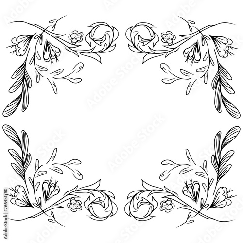 Wreath of black roses or peonies flowers and branches isolated of white. Foral frame design elements for invitations, greeting cards, posters, blogs. Hand drawn illustration. Line art. Sketch