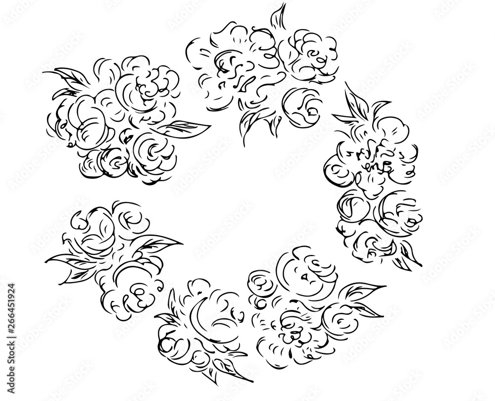 Wreath of black roses or peonies flowers and branches isolated of white. Foral frame design elements for invitations, greeting cards, posters, blogs. Hand drawn illustration. Line art. Sketch