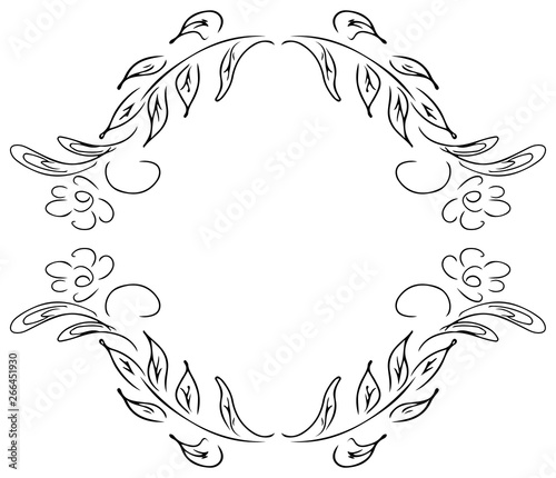Wreath of black roses or peonies flowers and branches isolated of white. Foral frame design elements for invitations, greeting cards, posters, blogs. Hand drawn illustration. Line art. Sketch