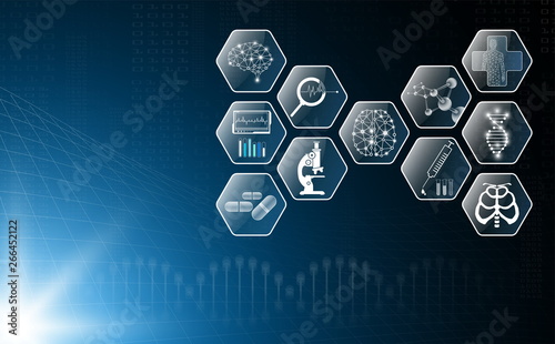 abstract background technology concept in blue light,brain and human body heal ,technology modern medical science in future and global international medical with tests analysis clone DNA human