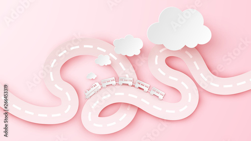 Abstract steam train and smoke cloud float up on the sky with text space. paper art and craft design. vector. illustration.