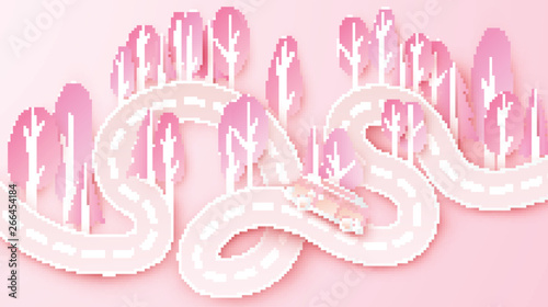 Illustration of spring landscape with van car on abstract road. Abstract tree background with cute van car on the road. paper art and craft style. vector. illustration.