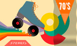 Retro poster in the style of the 70s. Roller skates, stars, music and records. Vector illustration.