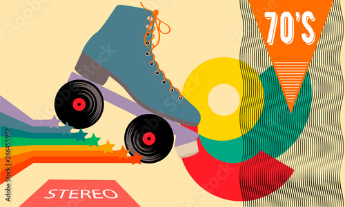 Retro poster in the style of the 70s. Roller skates, stars, music and records. Vector illustration.