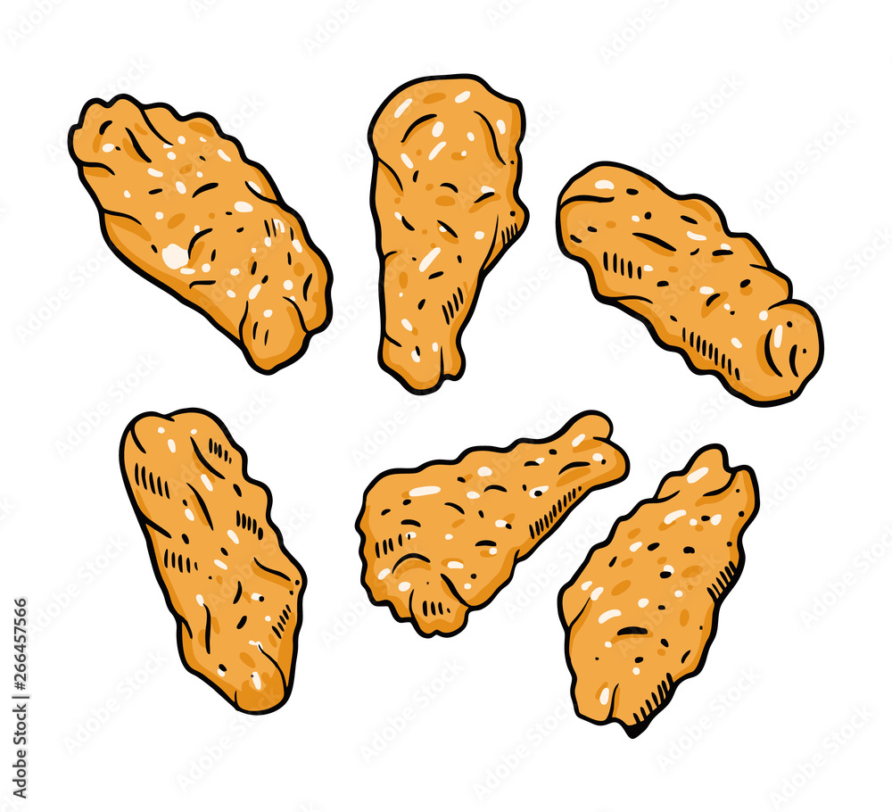 Chicken wings. Hand drawn vector illustration set. Cartoon style