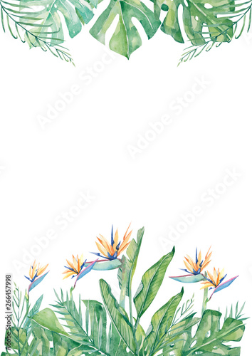 Watercolor tropical  flower and leaf arrangement border frame for wedding, anniversary, birthday