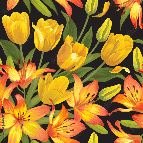 Seamless pattern of yellow tulip and lily flowers background. Vector set of blooming floral for holiday invitations, greeting card and fashion design.