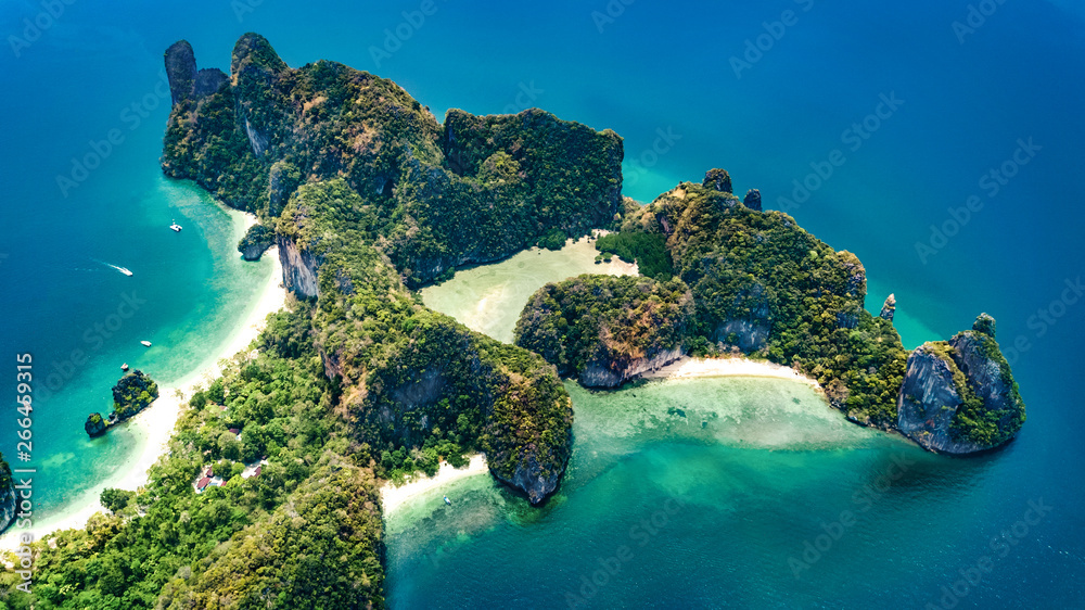 Aerial drone view of tropical Koh Hong island in blue clear Andaman sea water from above, beautiful archipelago islands and beaches of Krabi, Thailand - obrazy, fototapety, plakaty 