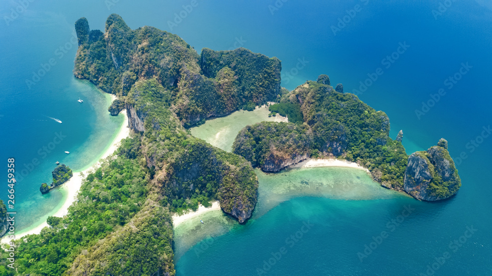 Aerial drone view of tropical Koh Hong island in blue clear Andaman sea water from above, beautiful archipelago islands and beaches of Krabi, Thailand
