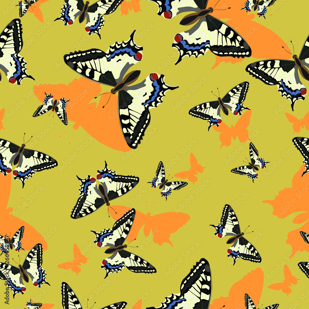 Seamless pattern with machaon butterflies. Vector image. For design of fabric, paper, many others