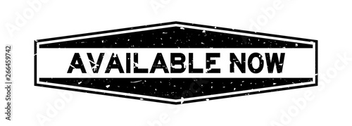 Grunge black available now word hexagon rubber seal stamp on white background