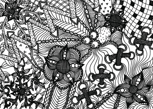 Hand drawn backdrop pattern with flowers, tracery, pearls and shoelace in doodle style. Black vector illustration on white background