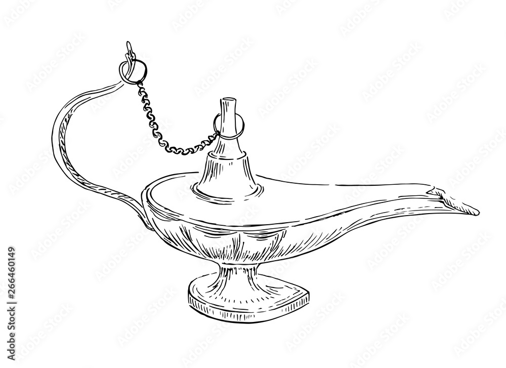 Aladdin magic or genie lamp. Vintage sketch of hand drawn oil lamp. Vector  illustration isolated on white background Stock Vector | Adobe Stock