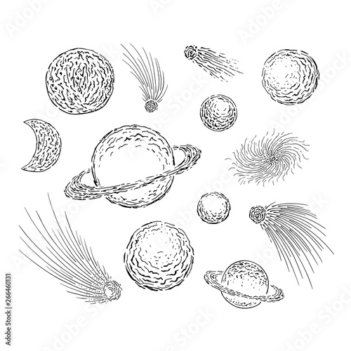 Set of planets  constellations  moon  comets  stars. Space objects outline ink. Hand drawn vector illustration.