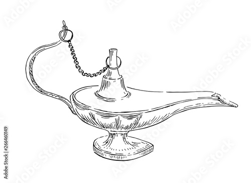 Aladdin magic or genie lamp. Vintage sketch of hand drawn oil lamp. Vector illustration isolated on white background