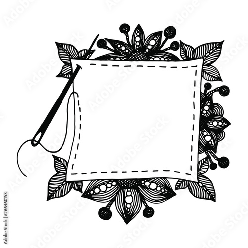 Hand drawn textile patch with sewing needle, flowers and leaves in doodle style. Black and white isolated copy space vector illustration