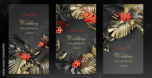 Tropical black and gold leaves on dark background vector poster set Beautiful botanical design with golden tropic jungle palm leaves, exotic red flower Wedding ceremony invitation card, holiday sale