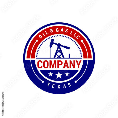 oil mining with red and blue circle badge and star logo design inspiration