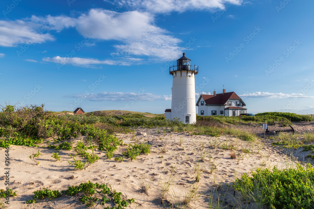 Race Point Light Lighthouse in beach dunes on the beach at Cape Cod, New England, Massachusetts, USA