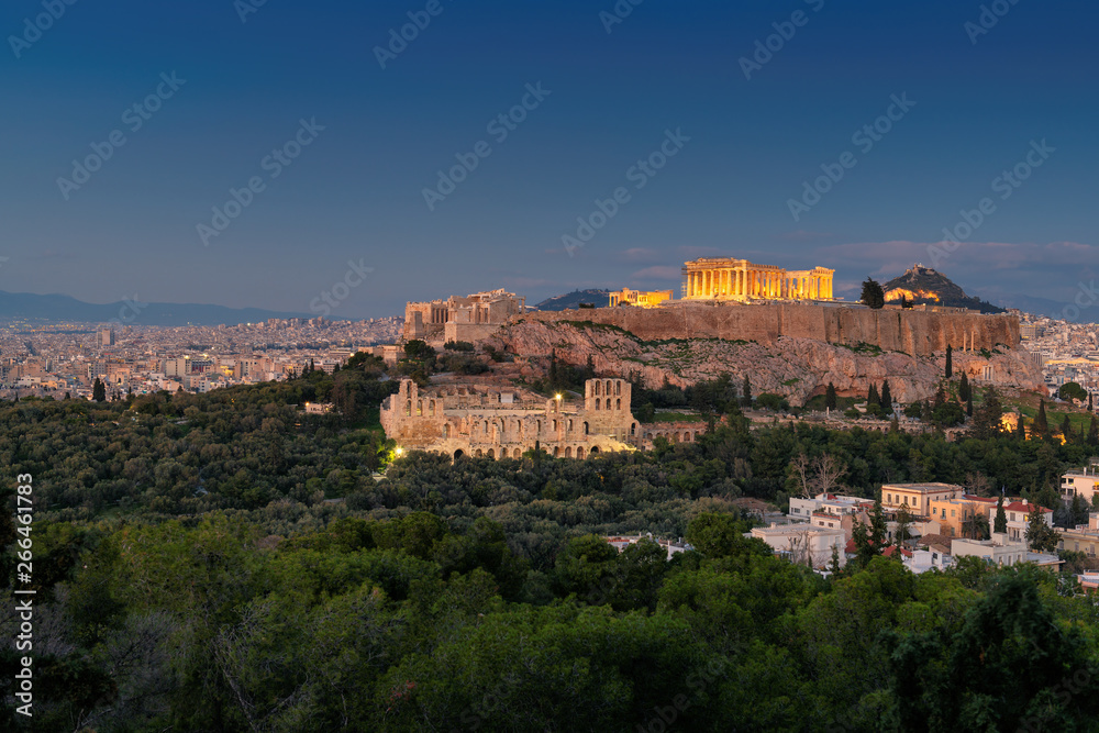 Night view of the Acropolis in Athens, Greece, with the Parthenon Temple, Athens, Greece.
