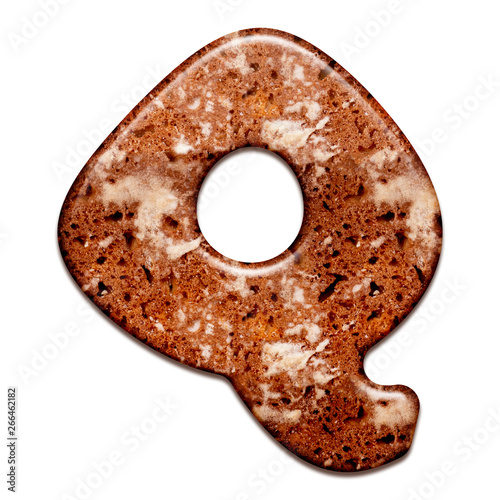 Gingerbread cookie with icing alphabet letter. 3d tasty letter Q, isolated on white background.