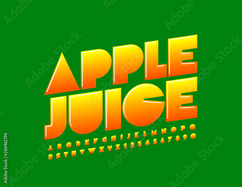 Vector bright sign Apple Juice with creative Font. Bright gradient Alphabet. Uppercase colorful Letters and Numbers