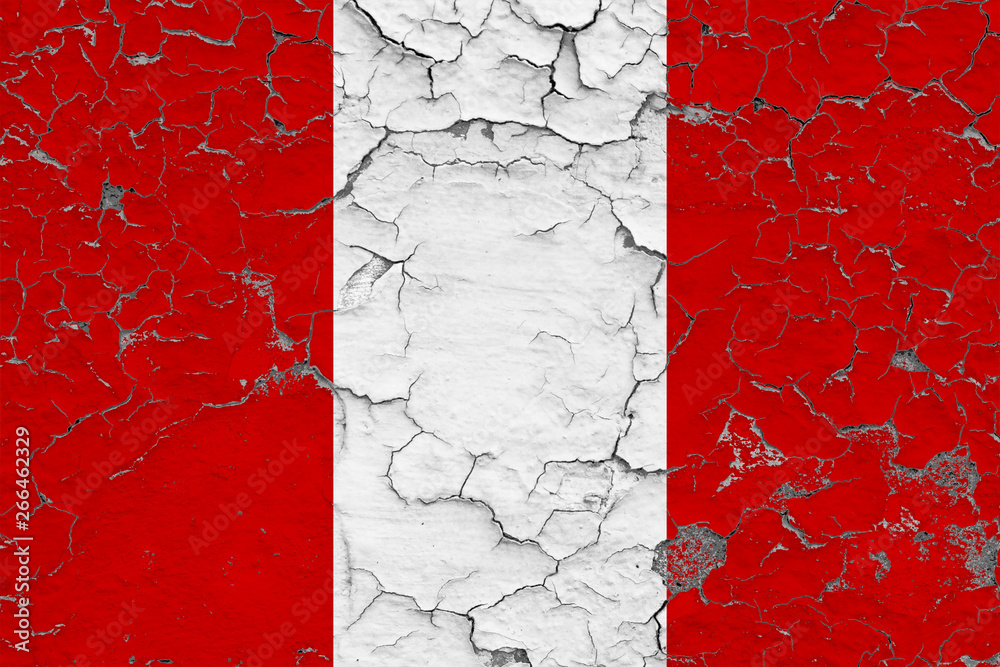 Flag of Peru painted on cracked dirty wall. National pattern on vintage style surface.