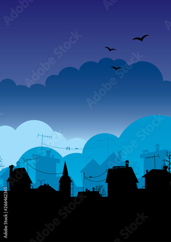 Roof silhouettes.Dawn city.An illustration of a sunset