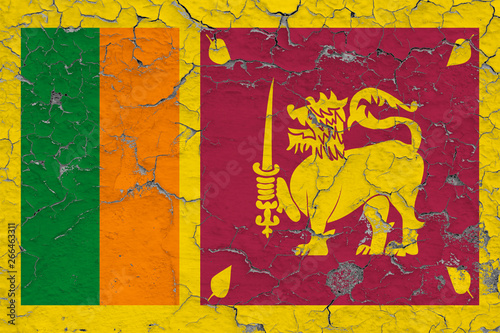 Flag of Sri Lanka painted on cracked dirty wall. National pattern on vintage style surface.