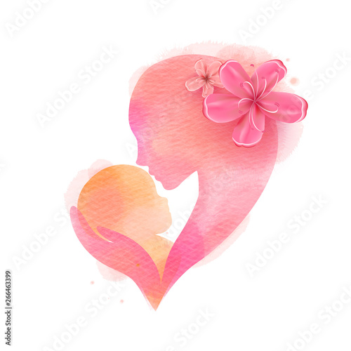 Double exposure illustration. Side view of Happy mom with baby silhouette plus abstract water color painted. Mother's day. Digital art painting. Vector illustration.