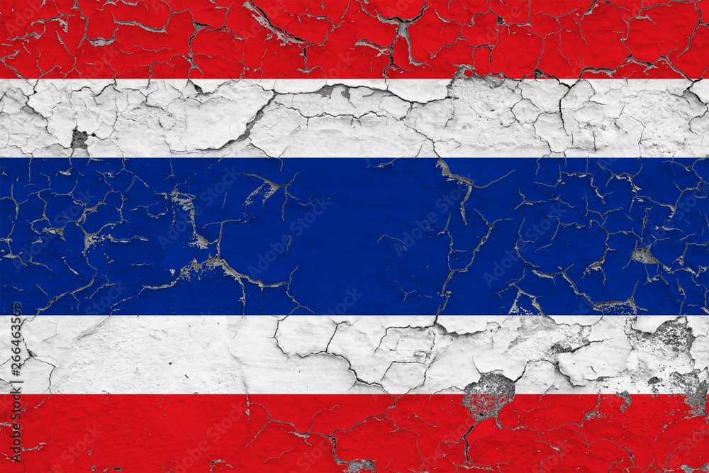 Flag of Thailand painted on cracked dirty wall. National pattern on vintage style surface.