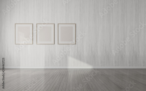 View of white gallery space in minimal style with picture frame on wood wall with dark laminate floor.Perspective of room design of architecture. 3d rendering.  © nuchao
