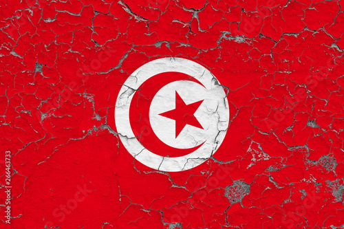 Flag of Tunisia painted on cracked dirty wall. National pattern on vintage style surface.