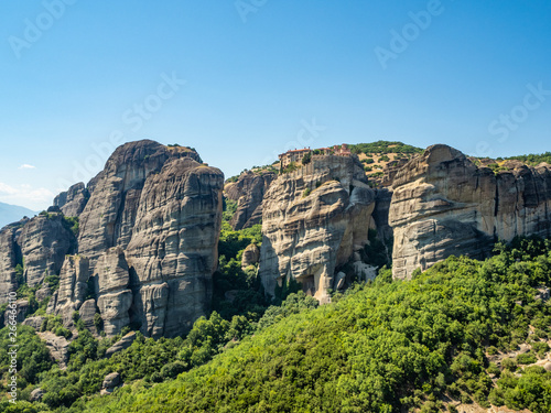 Beautiful view of the monastery Megala Meteora and its surrounding mountains in the region of Meteora, Greece