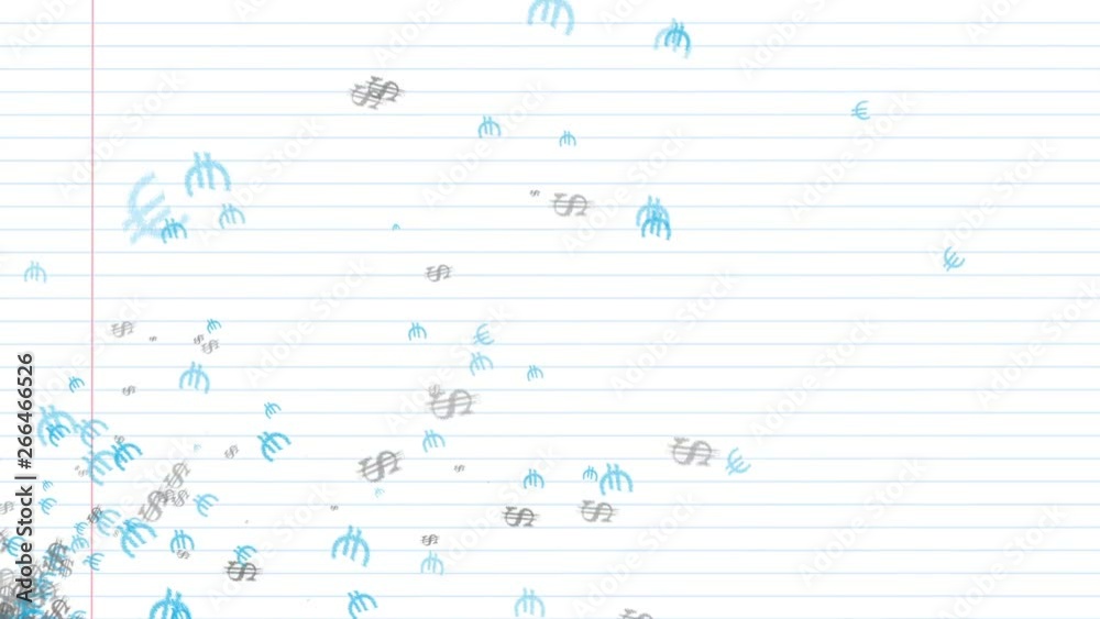 Dollar and euro symbol on notebook background, fly randomly. Sivola currency drawn by hand blue pen Dollar and euro symbol on notebook background, fly randomly. Sivola currency drawn by hand blue pen